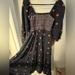 Free People Dahlia Embroidered Gauzy Smocked Puff Sleeve Maxi Dress S